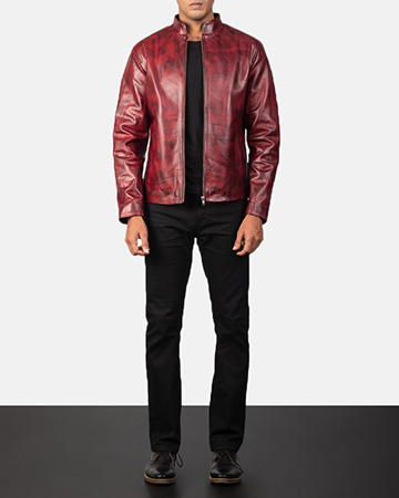 Men s Alex Distressed Burgundy Leather Biker Jacket